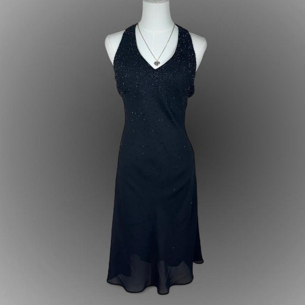 y2k vintage black beaded slip dress sheer overlay mini midi cocktail dress
